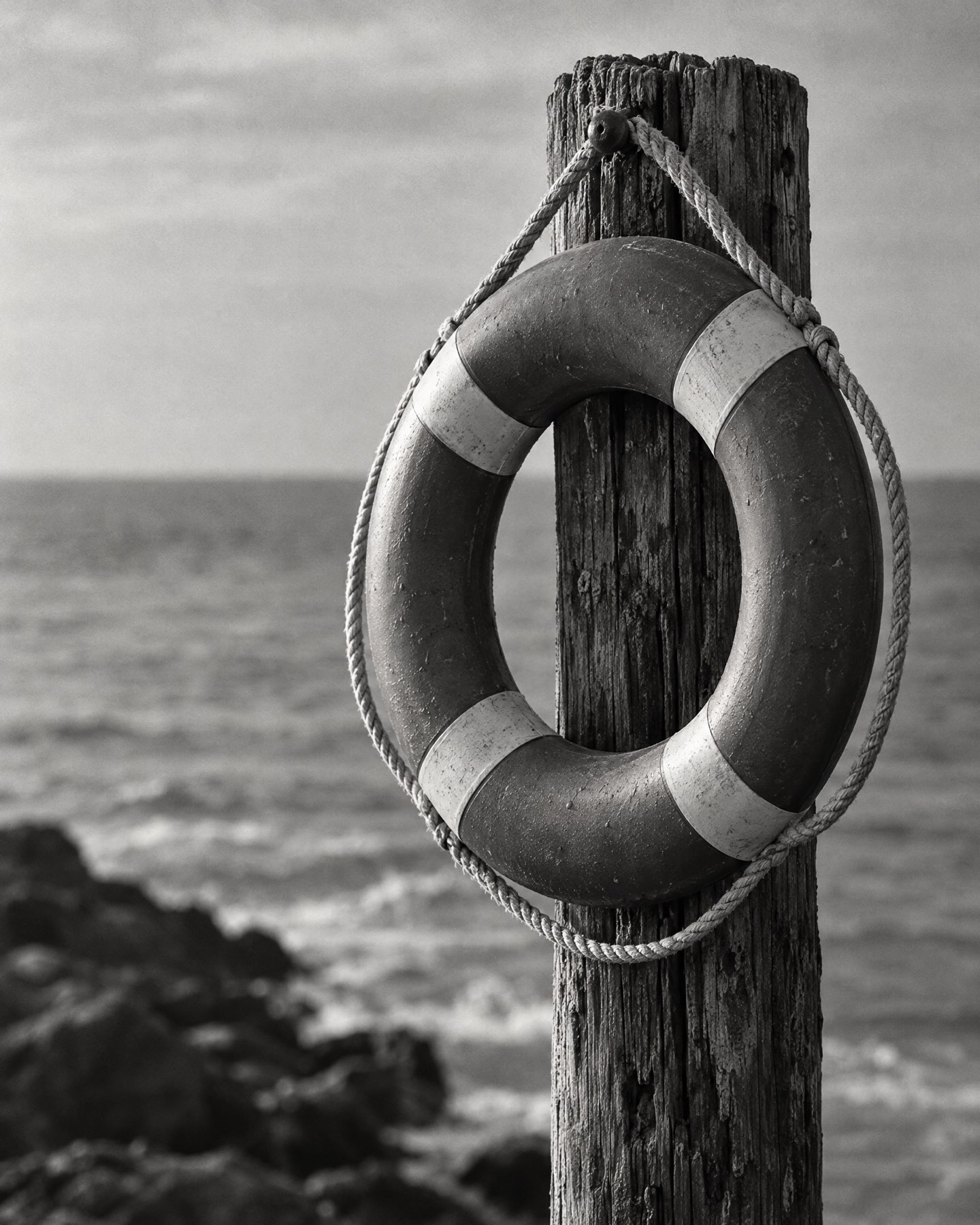 Salvavidas circular colgado en un poste frente al mar