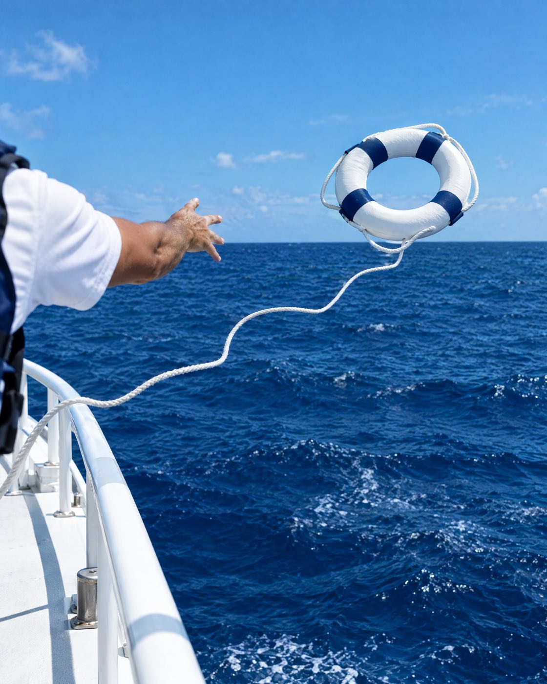 Tripulante lanzando un salvavidas al mar desde un bote